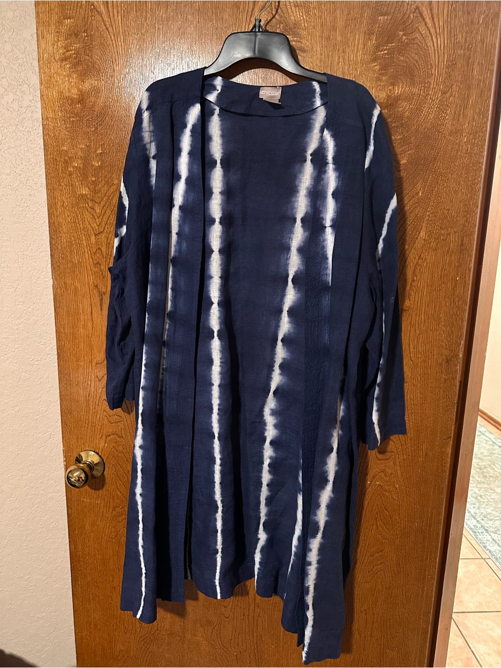 Chico's Navy Blue White Tie-Dye Duster Kimono Linen fabric Size 3 (XL)